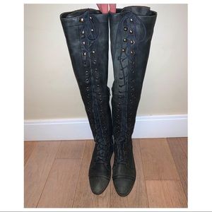 Free People Lace Up- Over The Knee Leather Grunge Boot